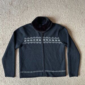 Karen Scott Sweater Womens Medium Full Zip 100% Wool Faux Fur Neck Black